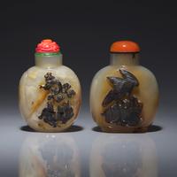 Two Chinese Carved Agate Snuff Bottles, Qing Dynasty 清中期 瑪瑙巧雕鼻烟壺兩支