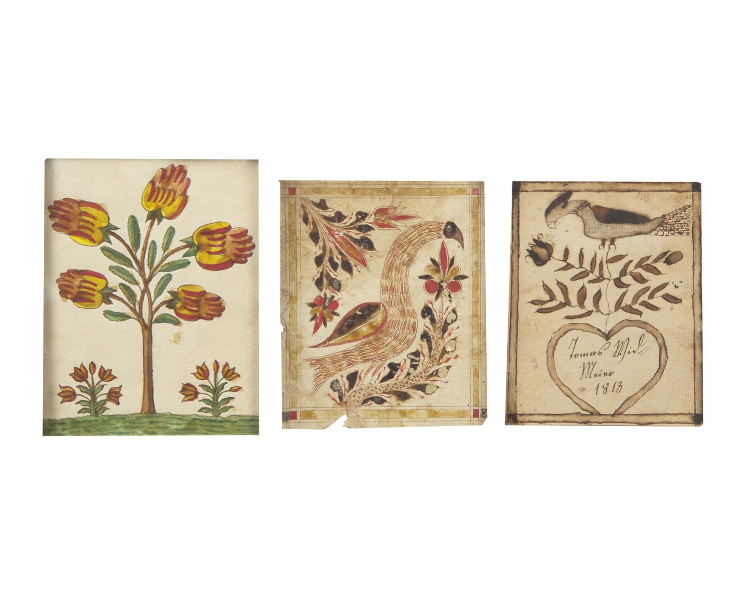 A Group of Three Fraktur Drawings or Rewards of Merit, Pennsylvania, 19th Century