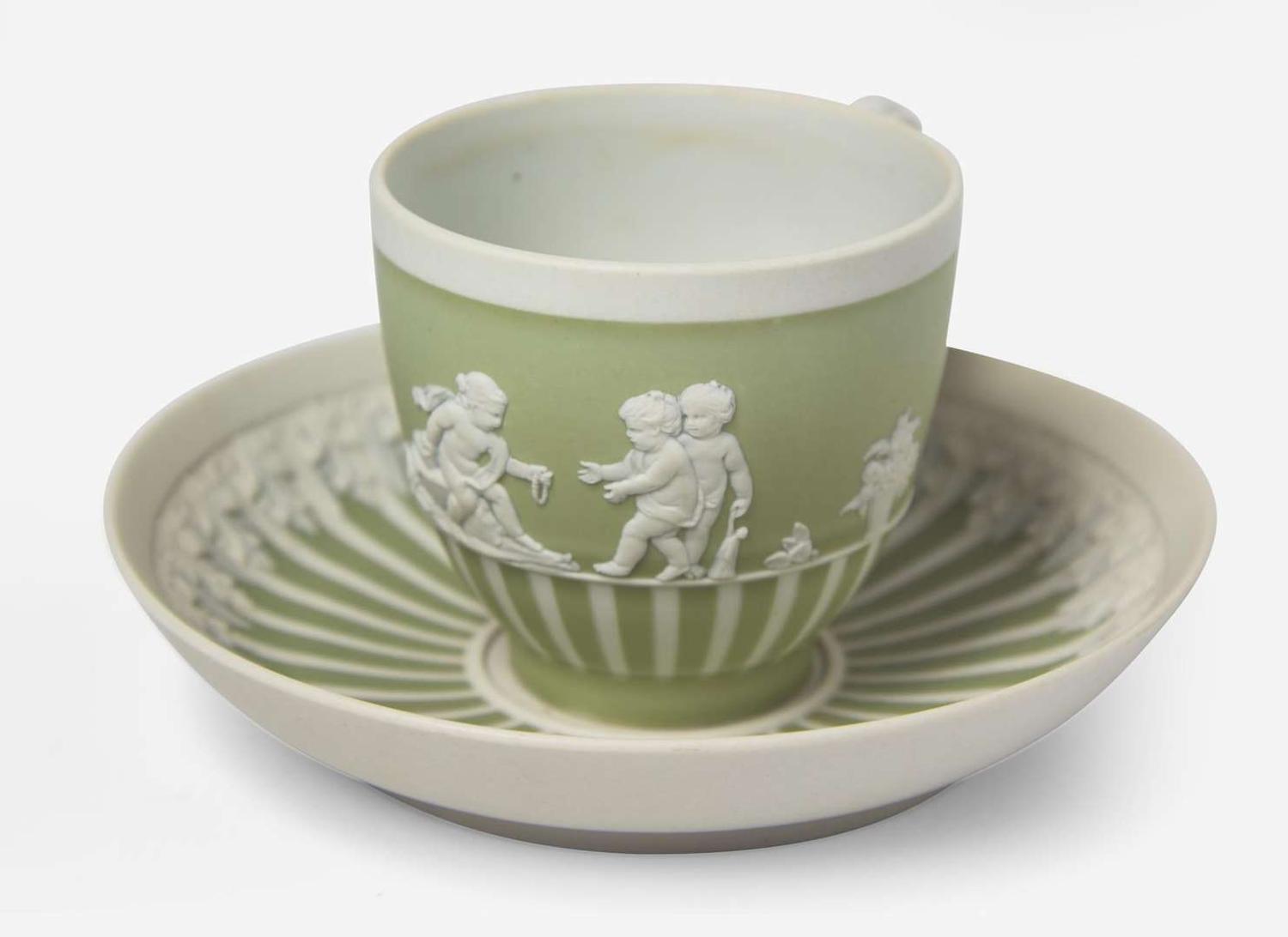 A Wedgwood Green Dip Jasperware Cup and Saucer