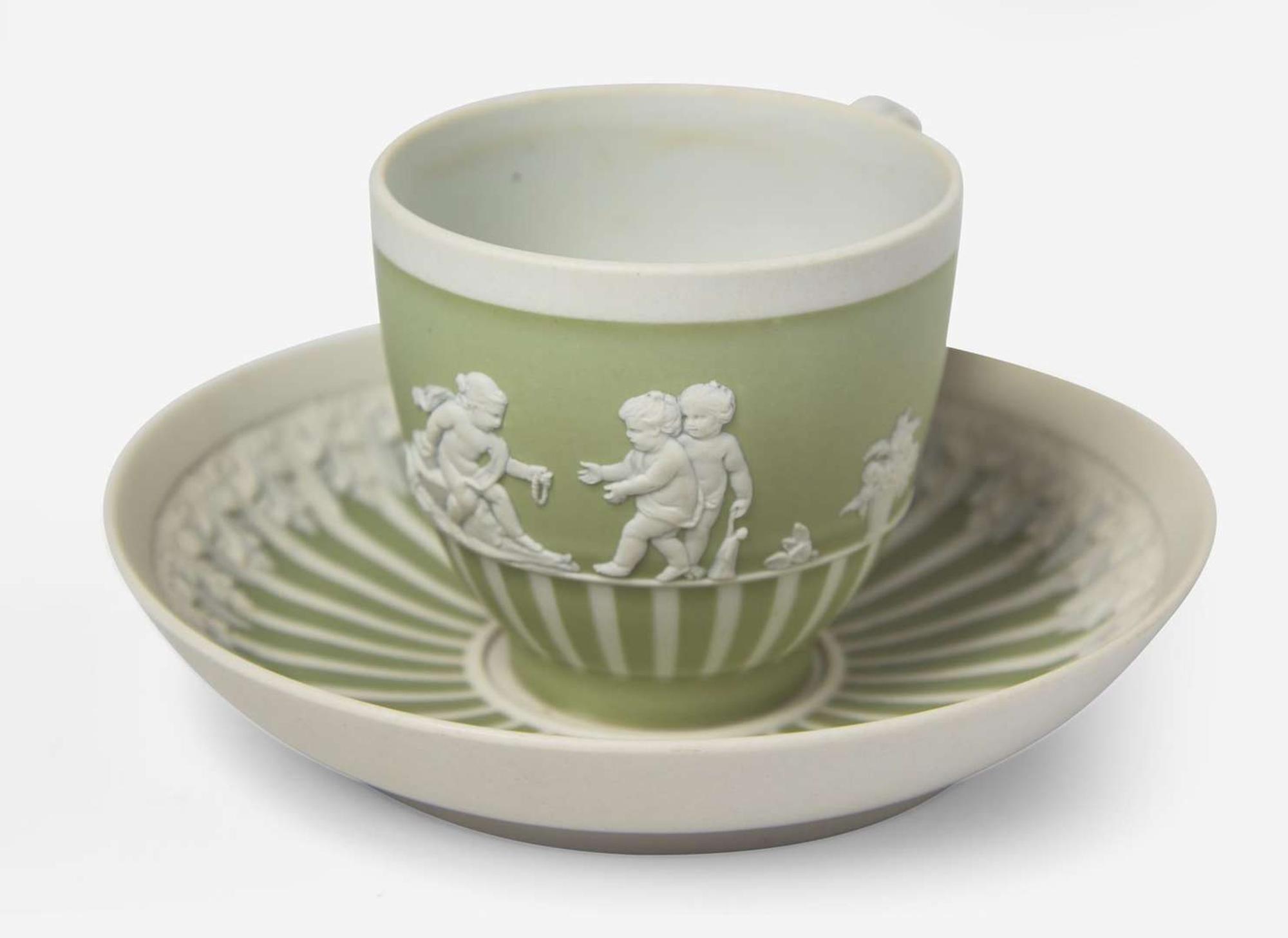 A Wedgwood Green Dip Jasperware Cup and Saucer