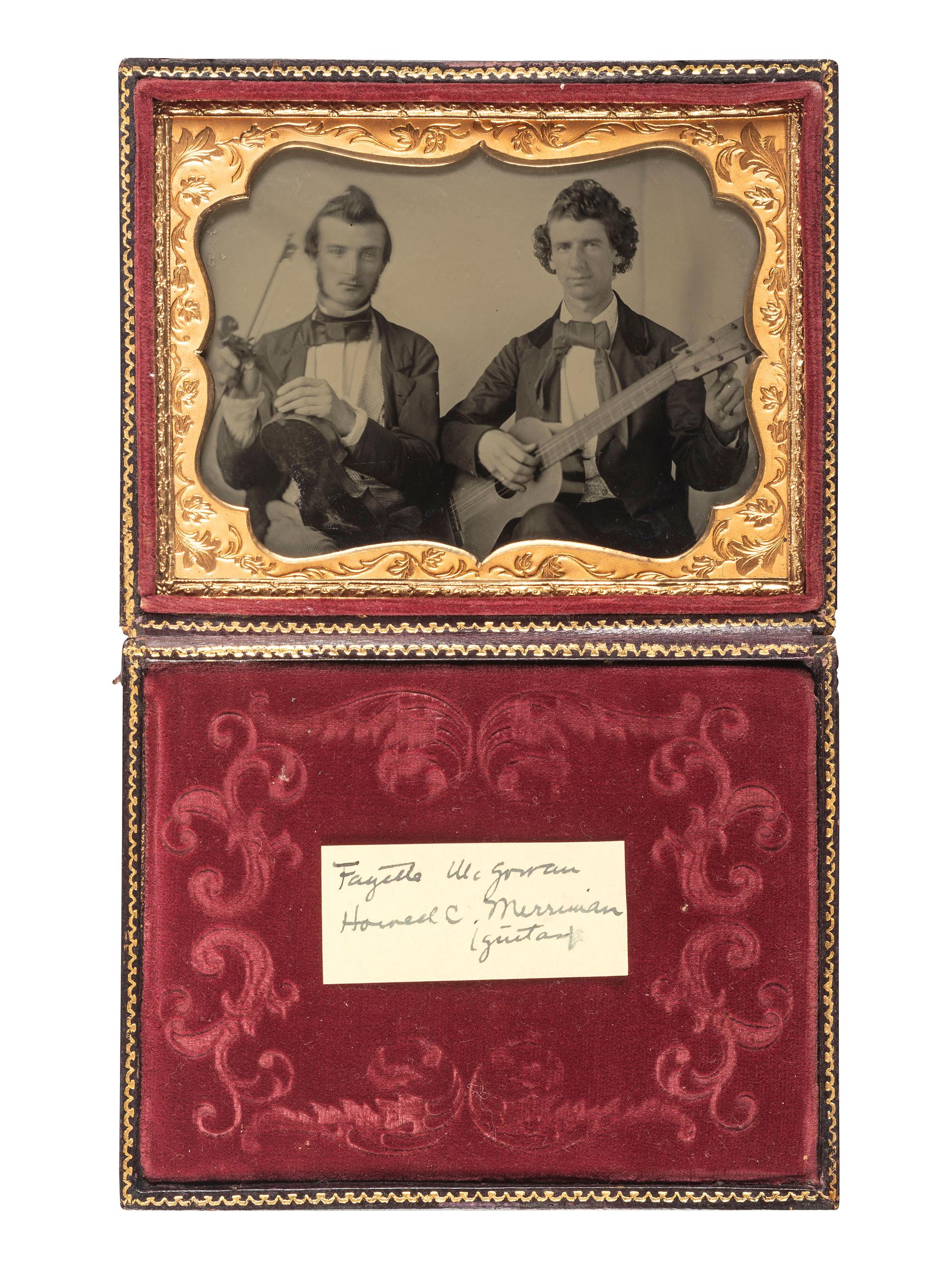 [EARLY PHOTOGRAPHY]. Quarter plate ambrotype portrait of two musicians, tentatively identified.