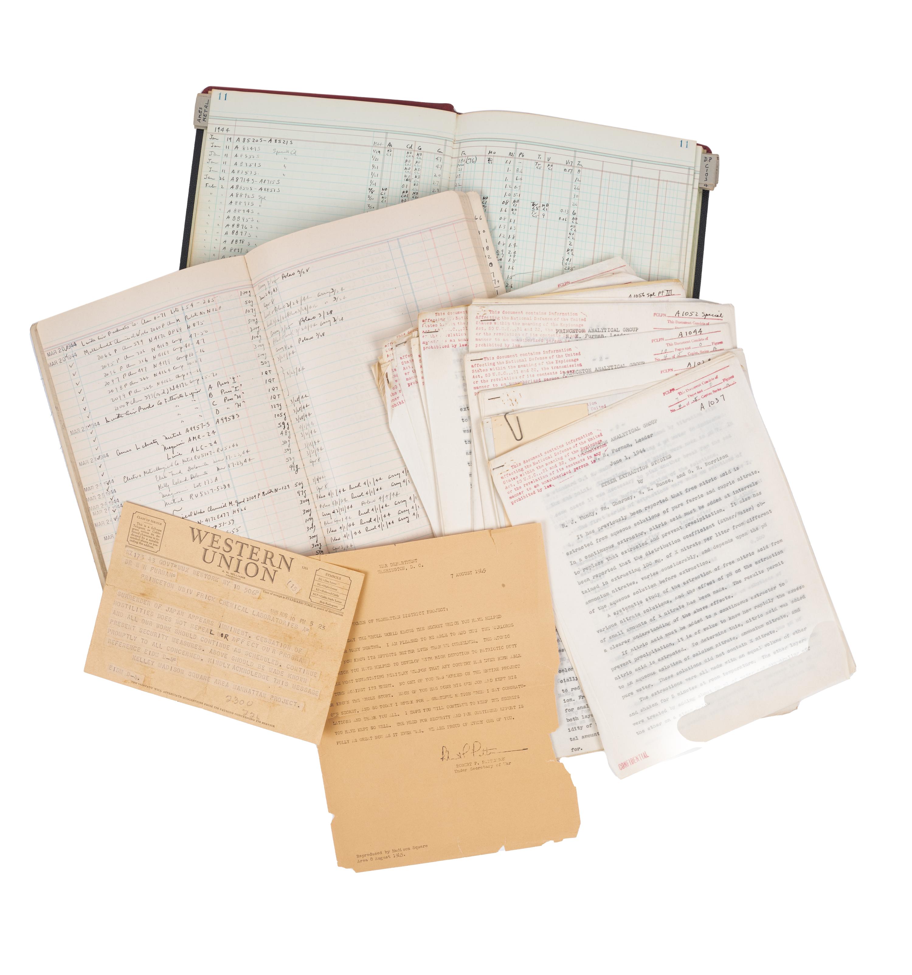 [MANHATTAN PROJECT]. An extensive archive including original laboratory notebooks, typed laboratory reports and drafts, and typed communications relating to the research activities in Princeton's Frick Laboratories of the Princeton Analytical Group under the direction of Professor Nathaniel H. Furman for the Manhattan Project, ca 1942-1946.