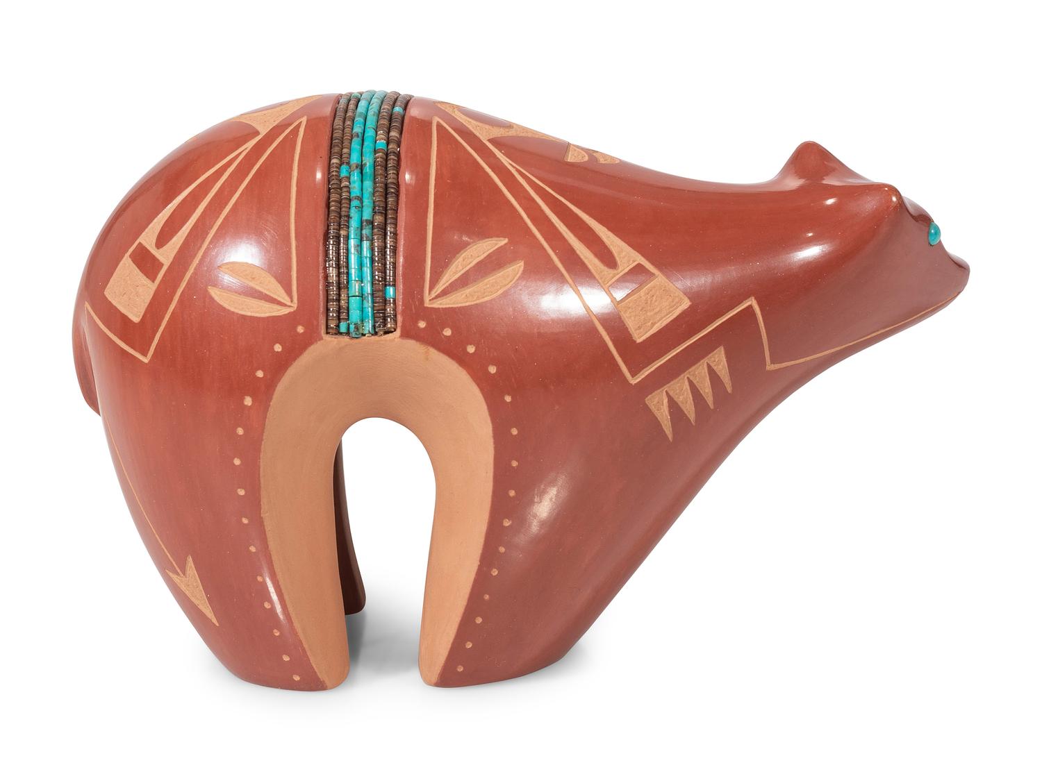 Redware Pottery Bear, with Turquoise and Heishi