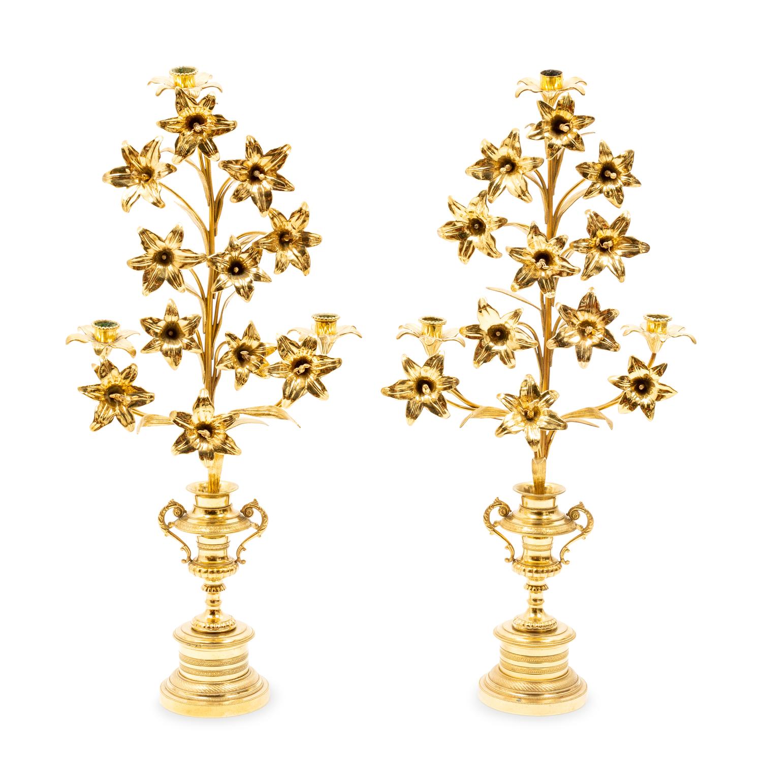 A Pair of Gilt Metal Three Light Candelabras