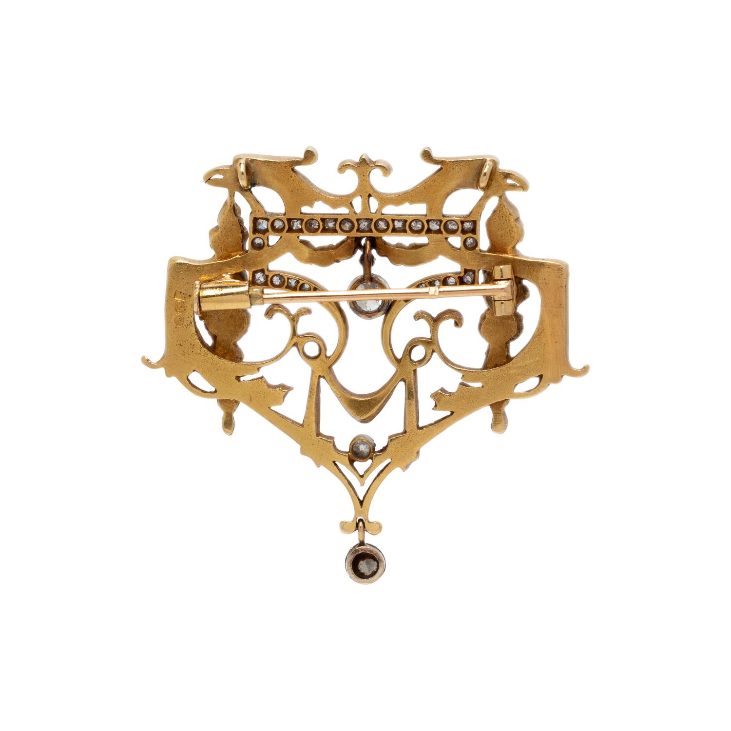 ART NOUVEAU, YELLOW GOLD, PLATINUM, AND DIAMOND PENDANT/BROOCH