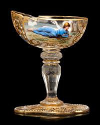 A Set of Eight Venetian Enameled Glass Champagne Coupes and a Group of Gilt Decorated Glass Table Articles