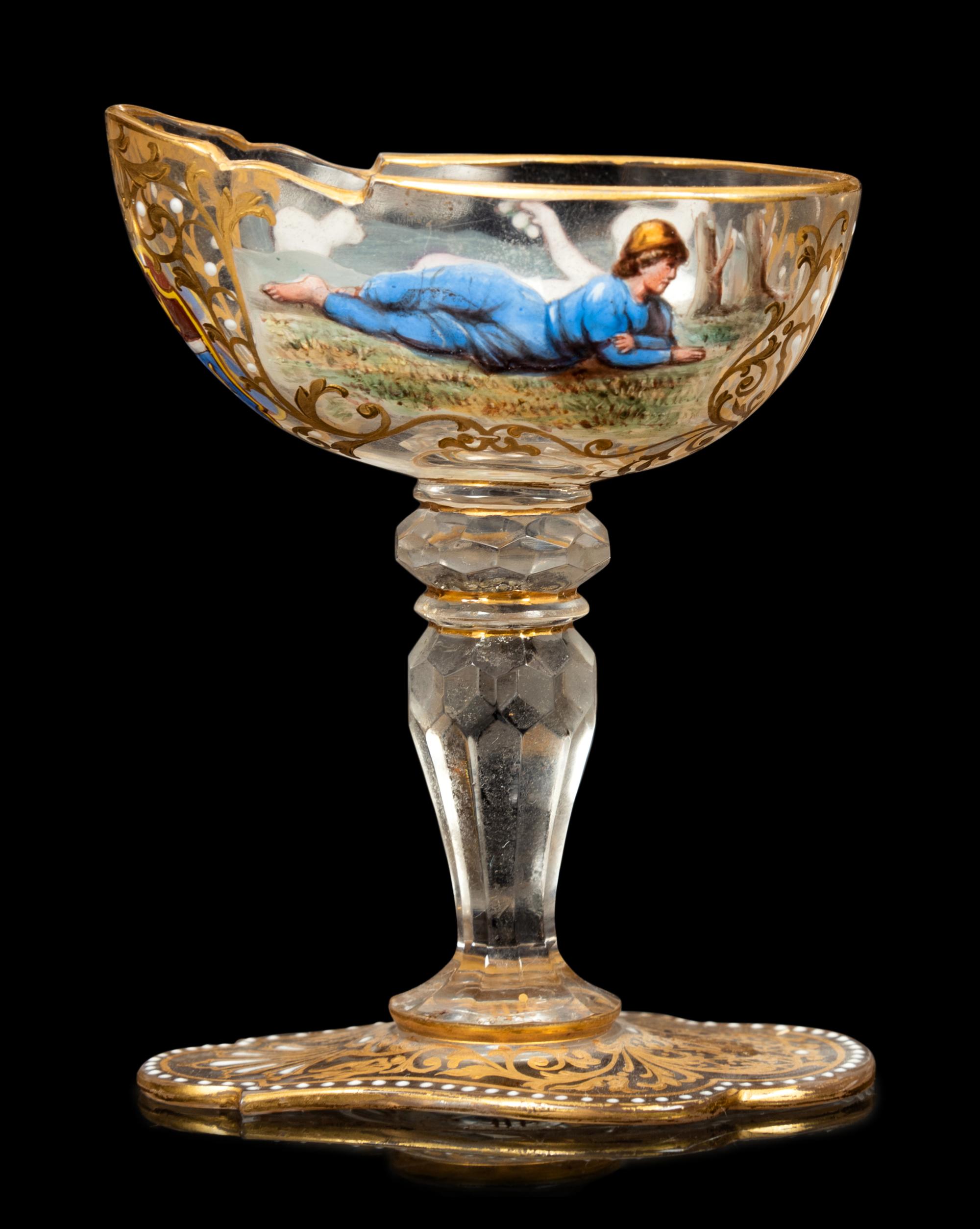 A Set of Eight Venetian Enameled Glass Champagne Coupes and a Group of Gilt Decorated Glass Table Articles