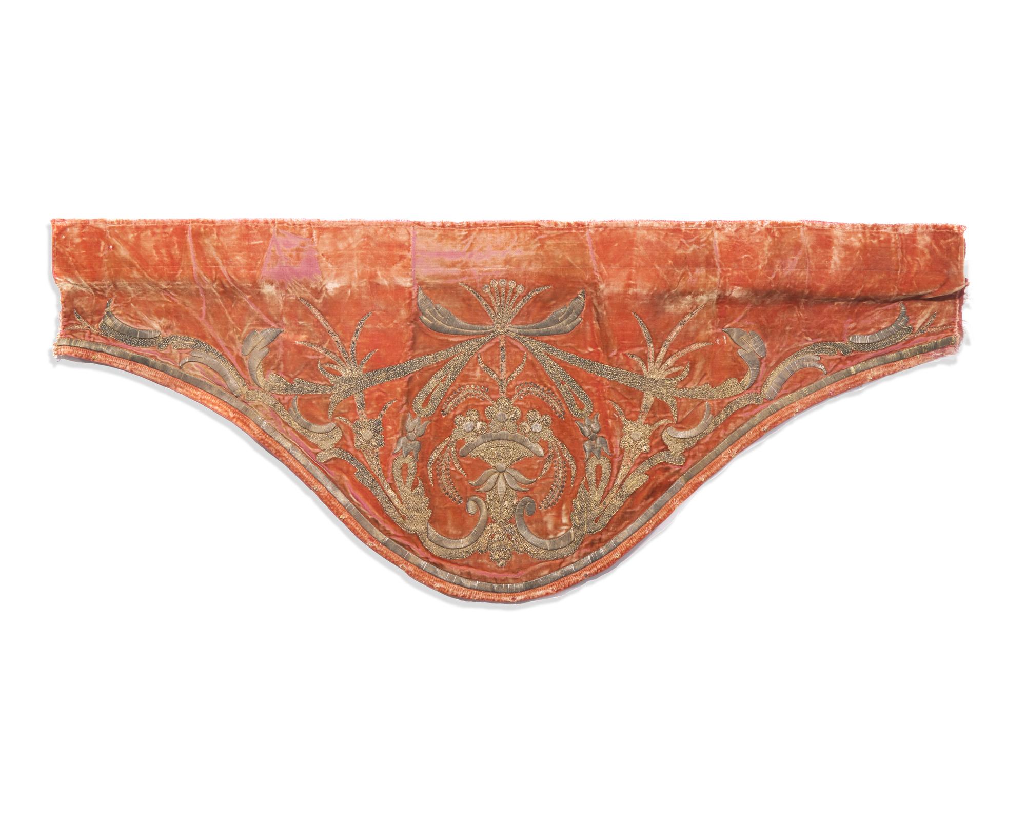 A Spanish embroidered velvet vestment fragment, 18th century