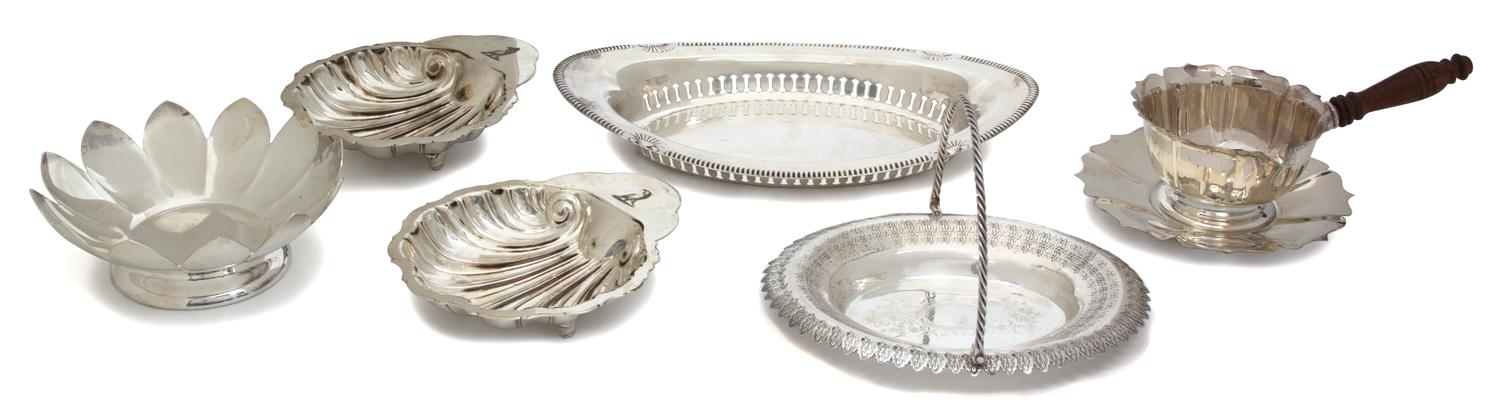 A Group of Six Silver-Plate Articles, 20TH CENTURY, comprising a Reed & Barton floriform bowl, an unmarked treen handle sauce boat with