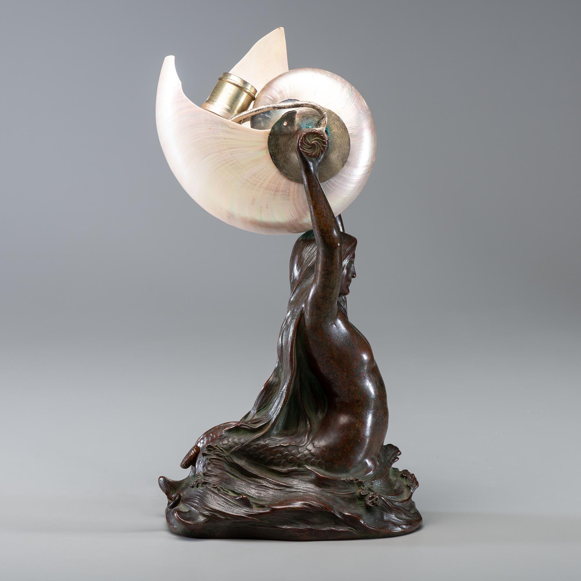 Nautilus Table Lamp, c. 1905 with a Mermaid base cast from a model by Louis Gudebrod
