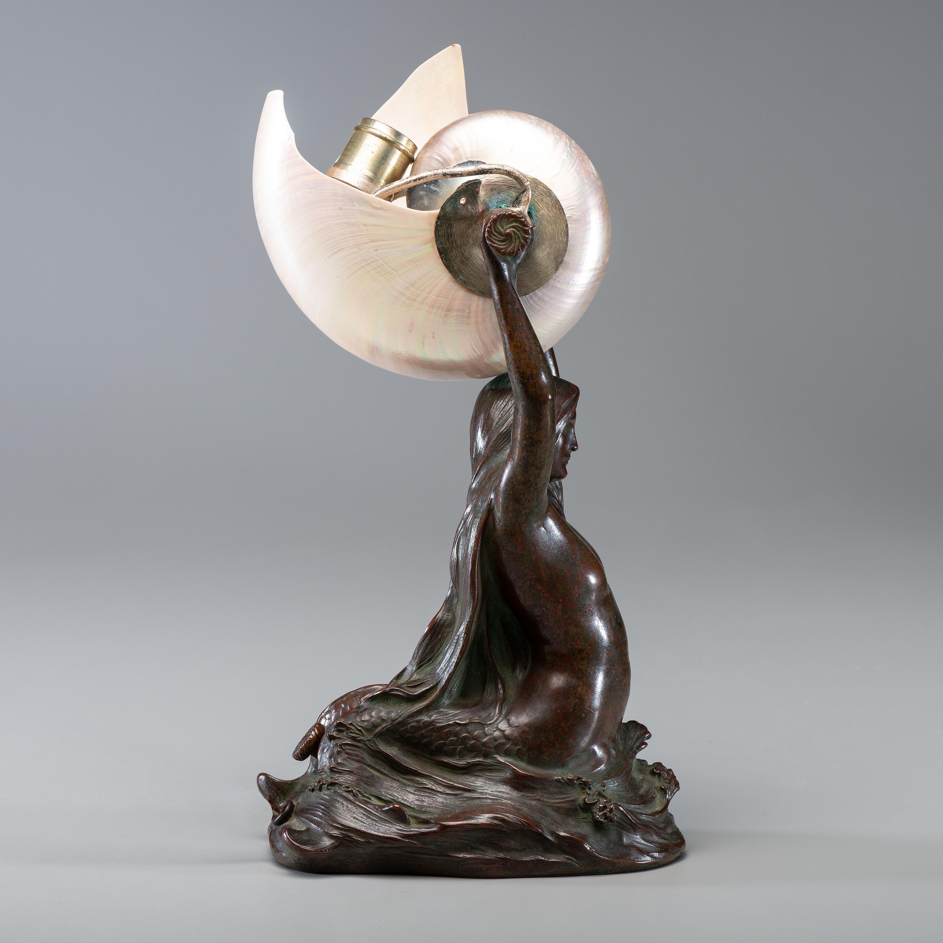 Nautilus Table Lamp, c. 1905 with a Mermaid base cast from a model by Louis Gudebrod