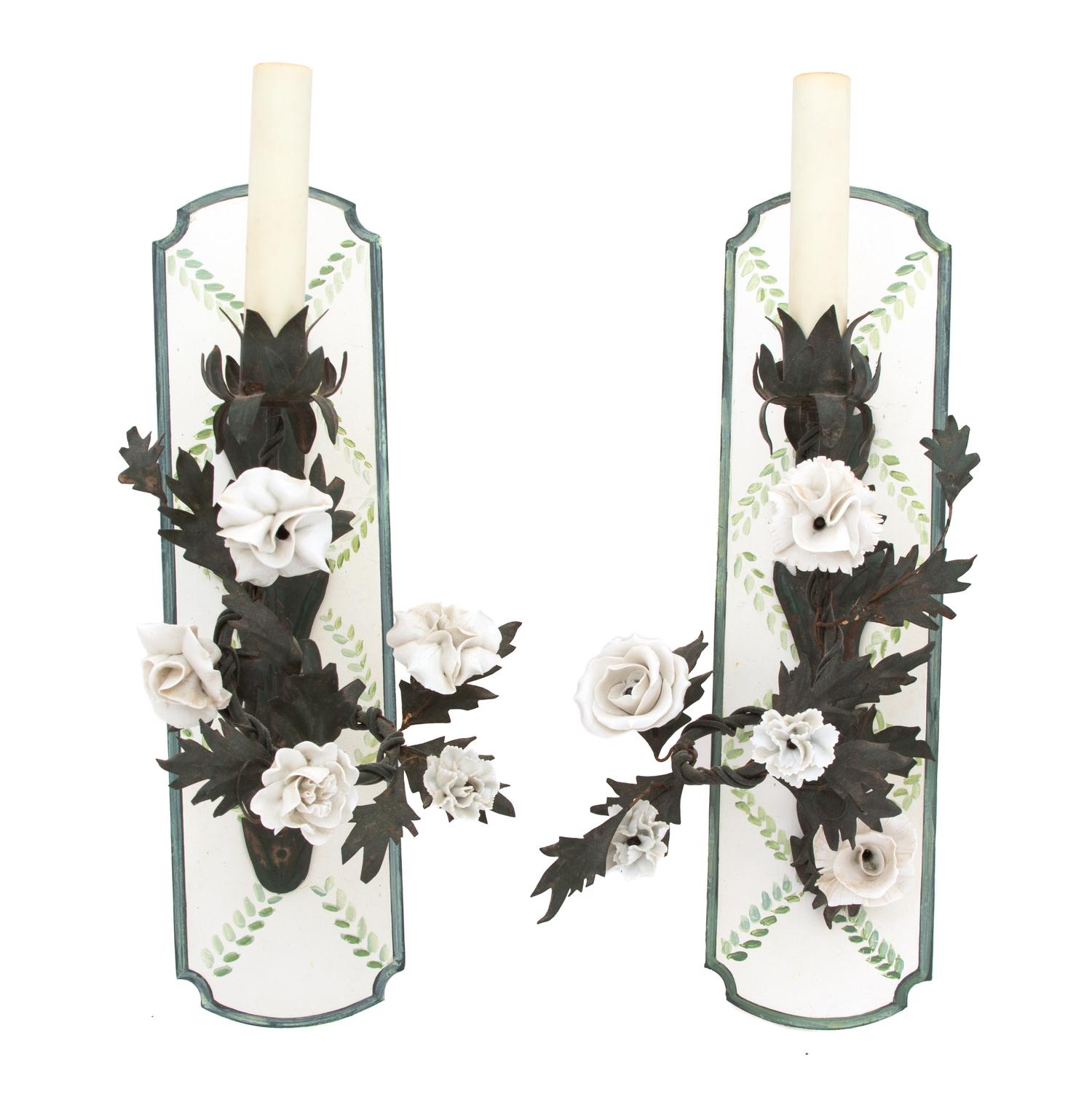 Two Pairs of Gilt Metal and Porcelain Flower Mounted Wall Sconces Height of taller 17 1/2 inches.