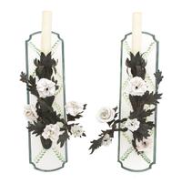 Two Pairs of Gilt Metal and Porcelain Flower Mounted Wall Sconces Height of taller 17 1/2 inches.