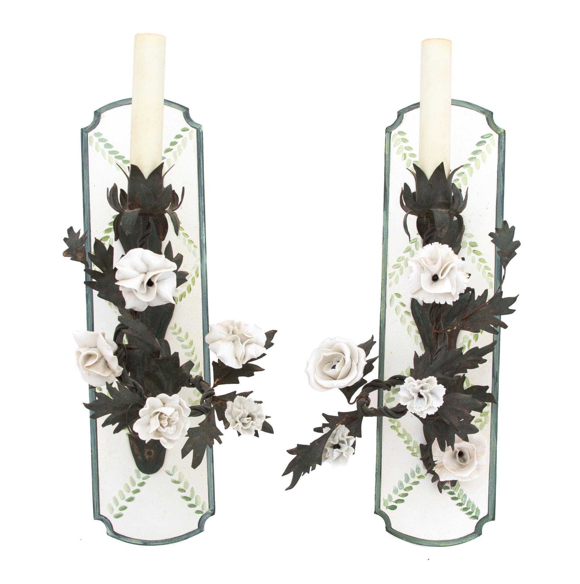 Two Pairs of Gilt Metal and Porcelain Flower Mounted Wall Sconces Height of taller 17 1/2 inches.