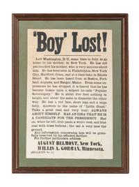 [POLITICS]. 'Boy' Lost! Left Washington DC...Answers to the name of "Little Giant." N.p.: N.p., ca 1860. Anti-Stephen Douglas broadside.