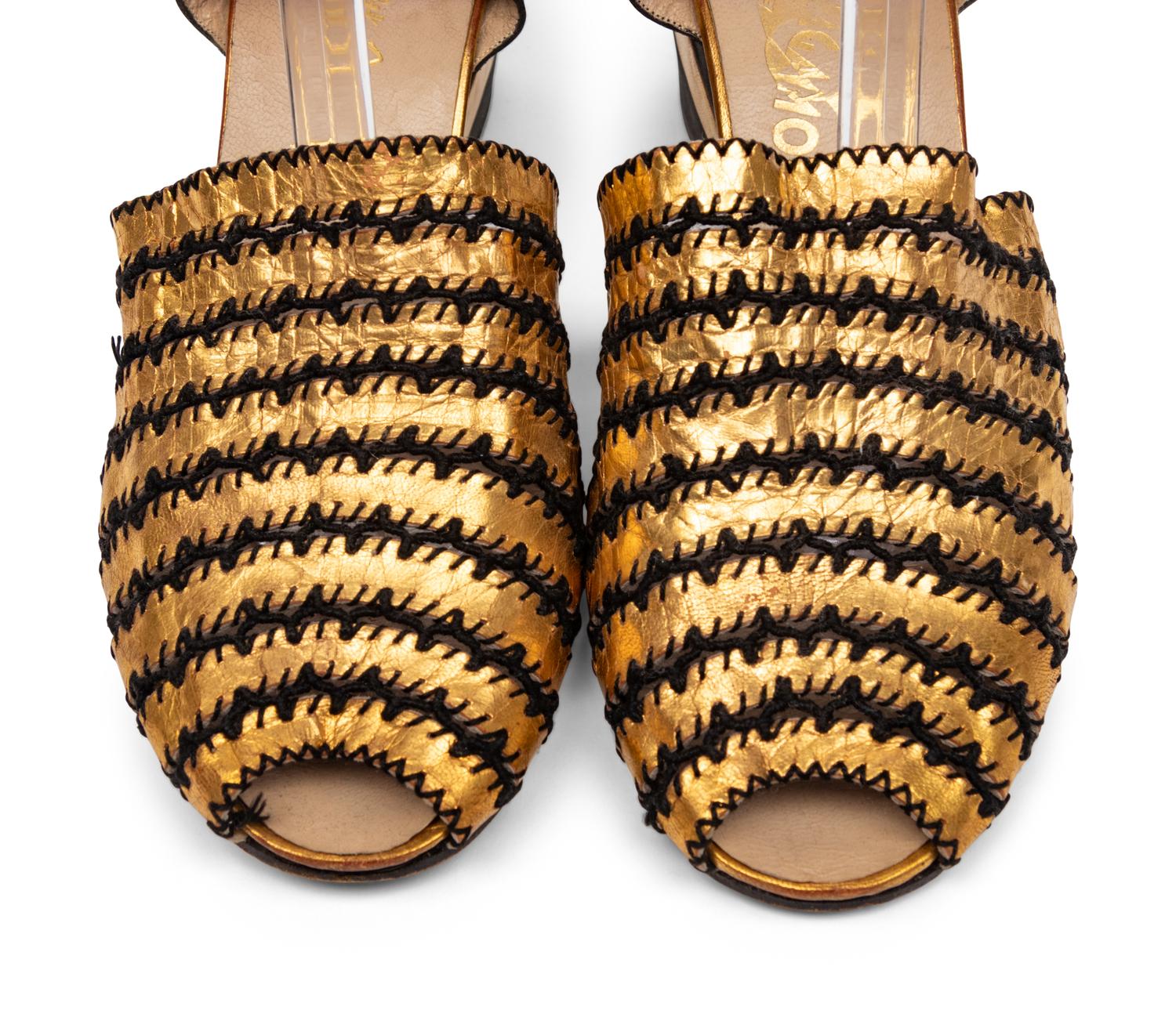 Salvatore Ferragamo, Gold Wedge Evening Sandals, 1940's