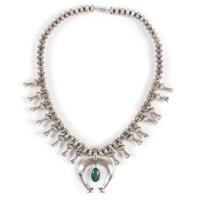 Navajo Silver and Turquoise Squash Blossom Necklace, with Fluted Beads