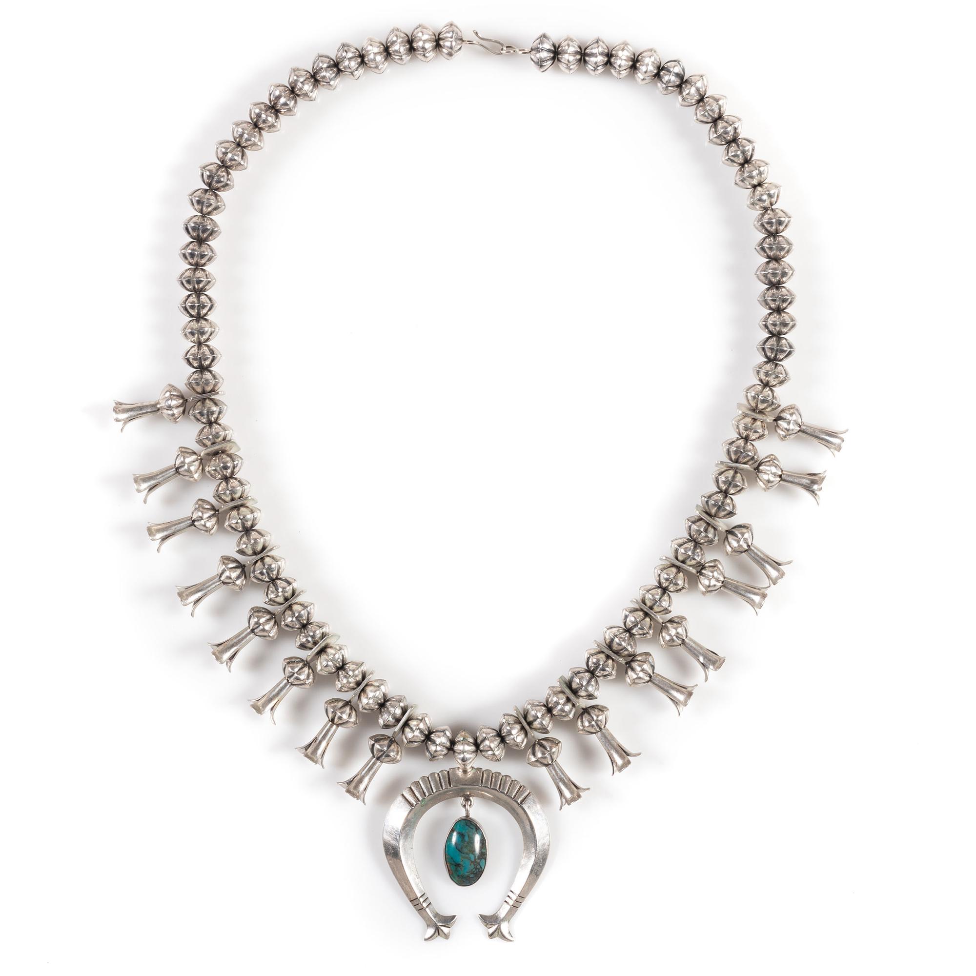 Navajo Silver and Turquoise Squash Blossom Necklace, with Fluted Beads
