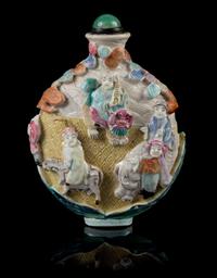 A Finely Molded Famille Rose Porcelain Snuff Bottle Height 2 1/8 inches. — QIANLONG PERIOD (1736-1795)