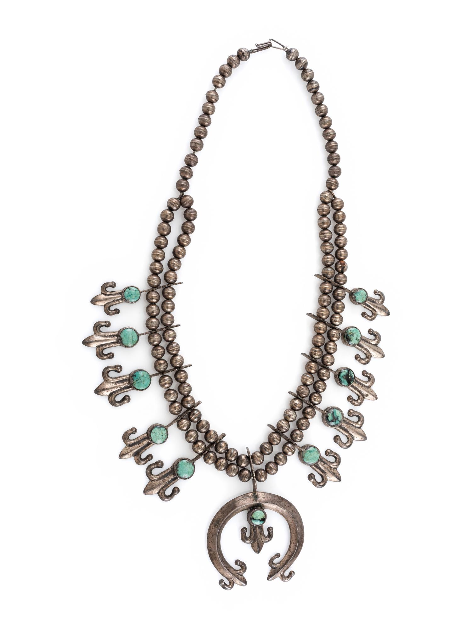 Navajo Silver and Turquoise Squash Blossom Necklace