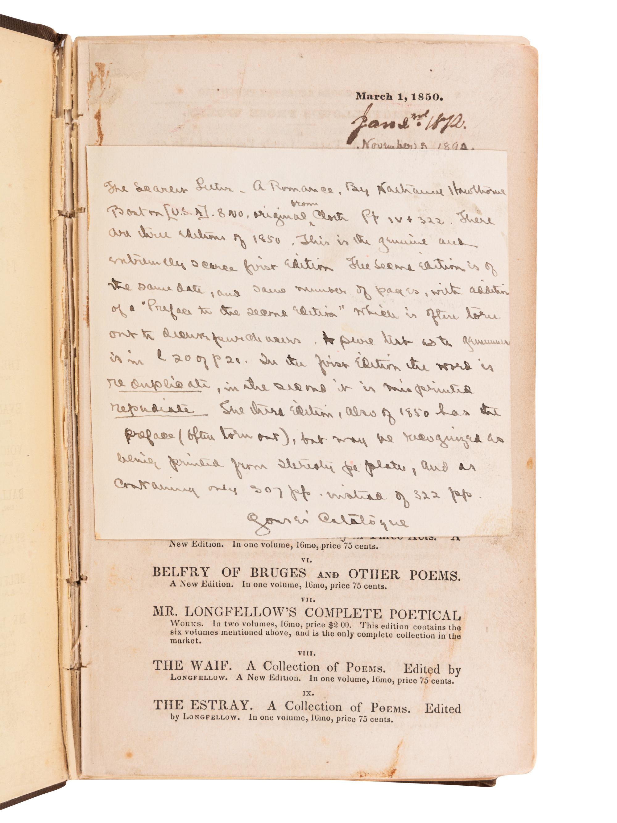 HAWTHORNE, Nathaniel (1804-1864). The Scarlet Letter, A Romance . Boston: Ticknor, Reed, and Fields, 1850.