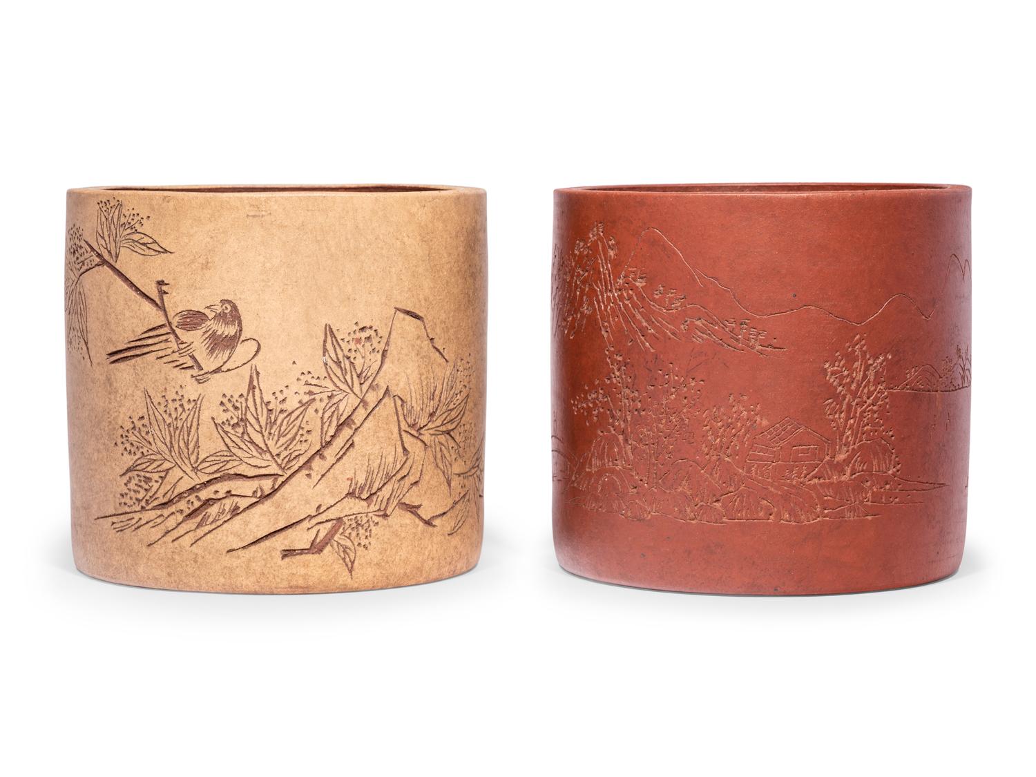 Two Chinese Zisha Yixing Pottery Brushpots, Bitong