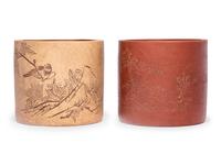 Two Chinese Zisha Yixing Pottery Brushpots, Bitong