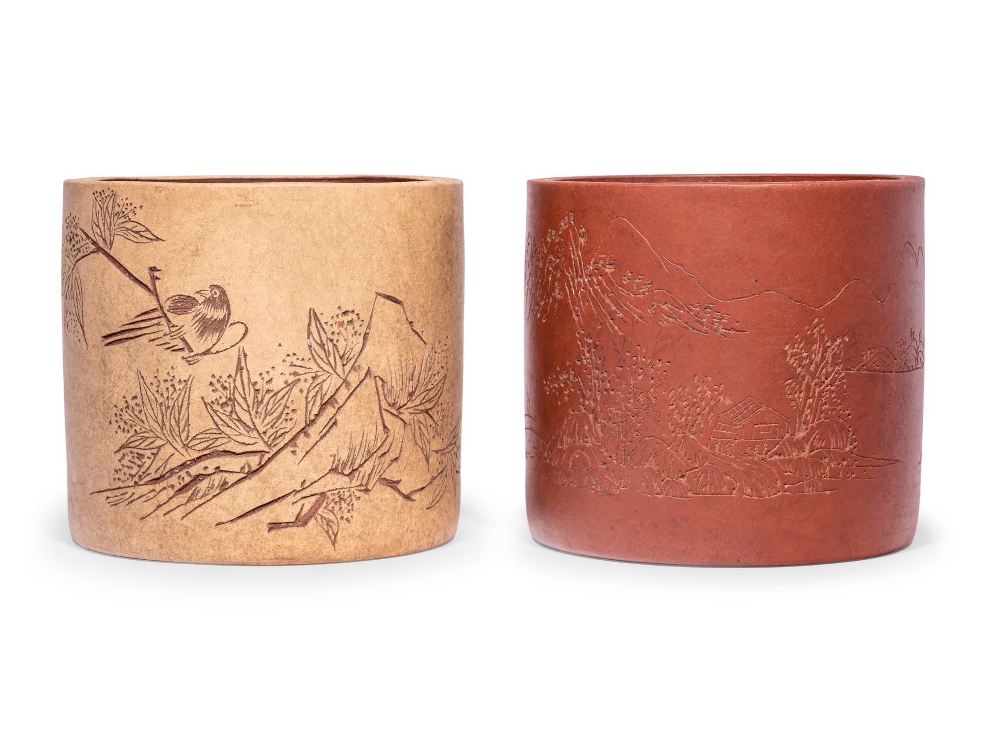Two Chinese Zisha Yixing Pottery Brushpots, Bitong