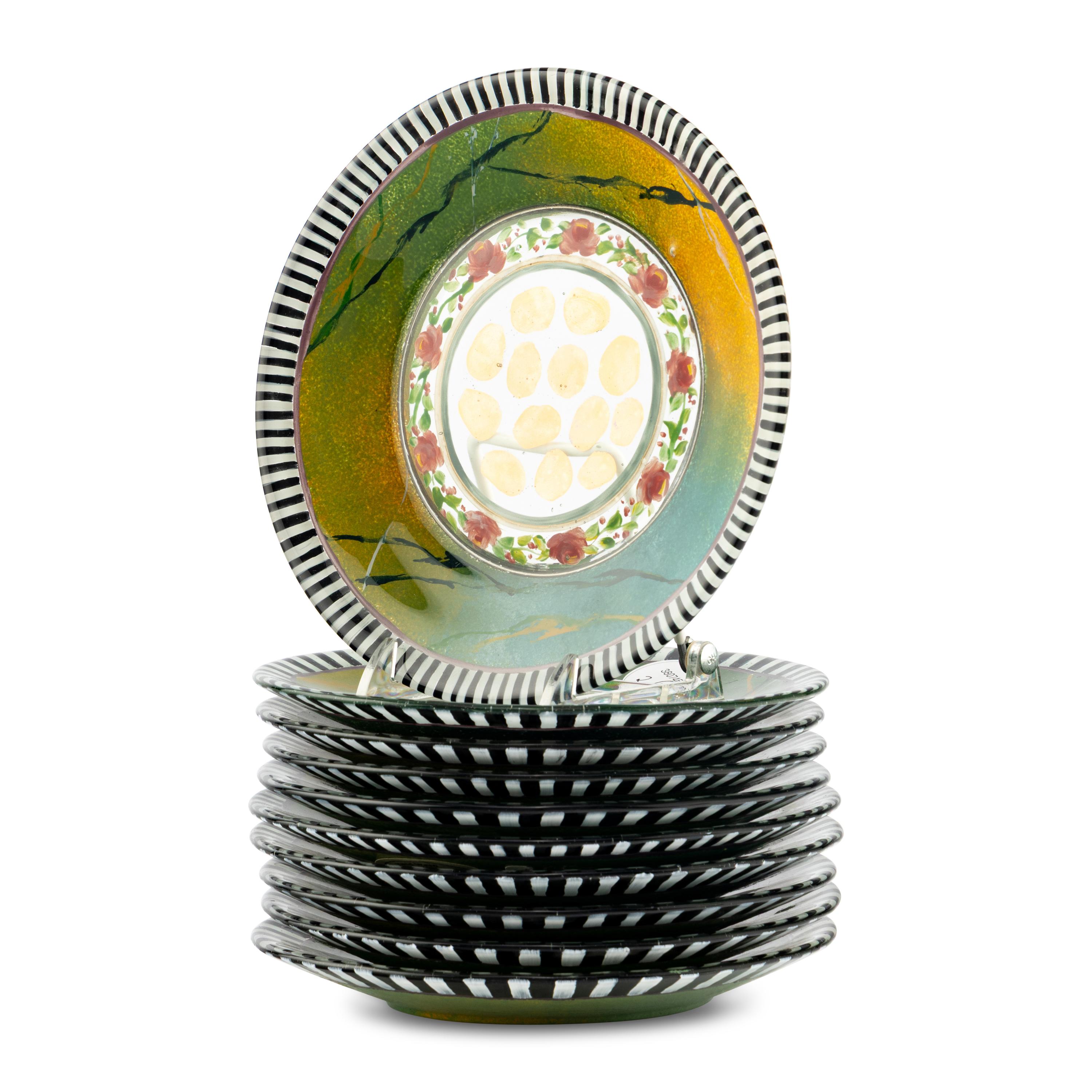 A MacKenzie Childs Hand-Painted Glass Dessert Service for Twenty