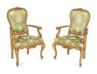A Pair of Italian Painted and Parcel Gilt Open Armchairs