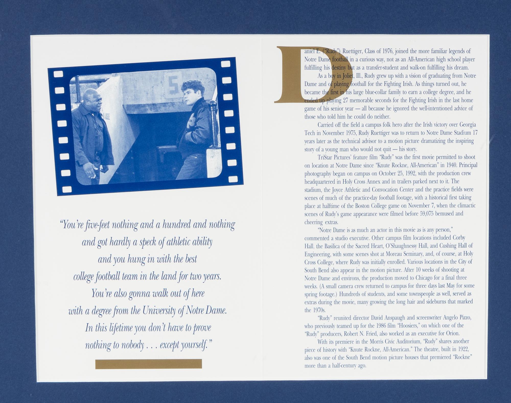 A "Rudy" Notre Dame Premiere Invitation Display,