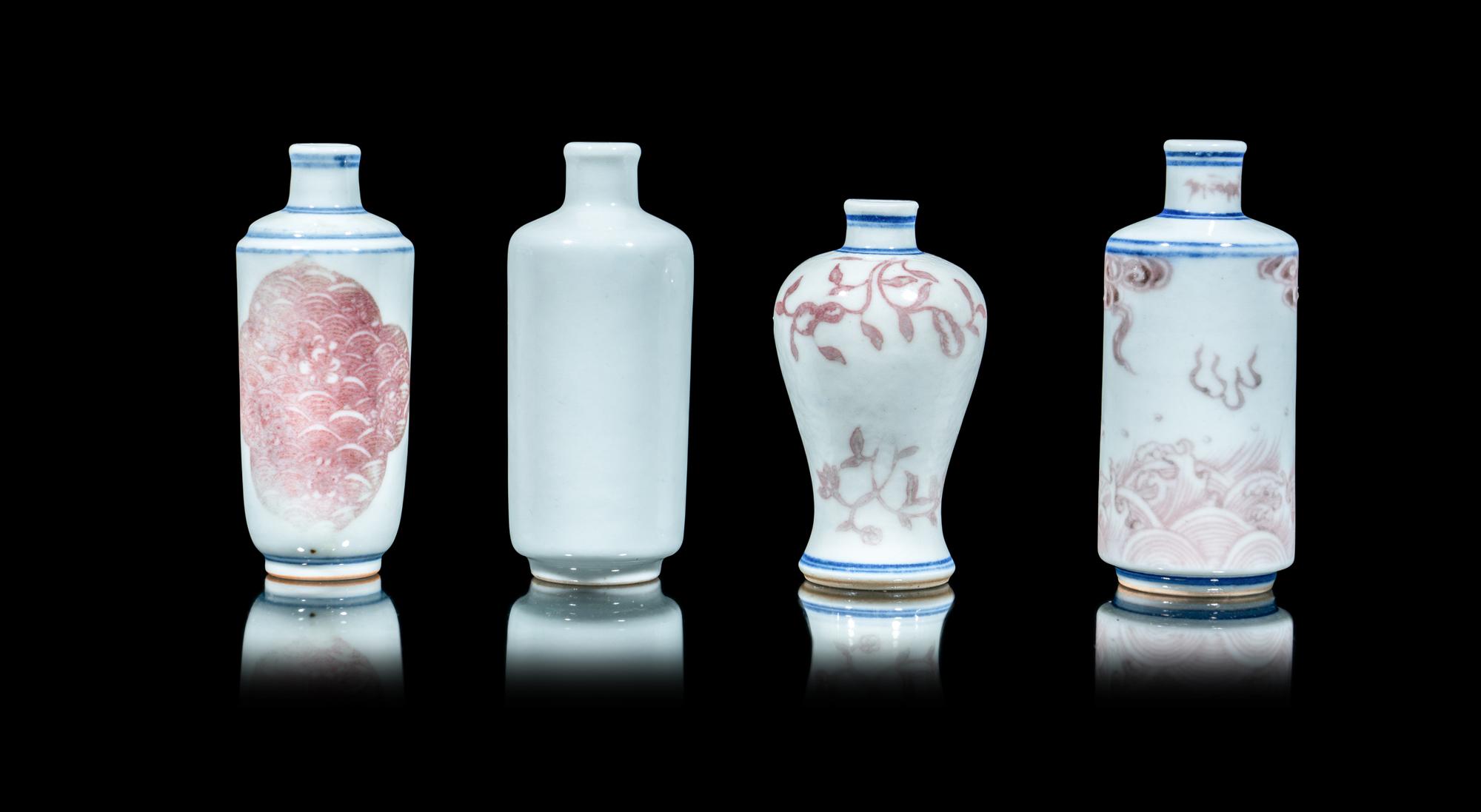 Four Chinese Copper Red Decorated Blue and White Snuff Bottles