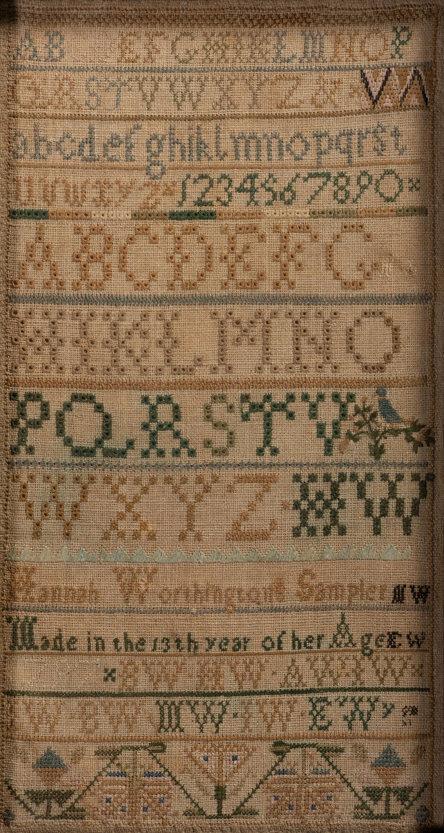 An Pennsylvania Needlework Alphabet Sampler and Family Register, Wrought by Hannah Worthington