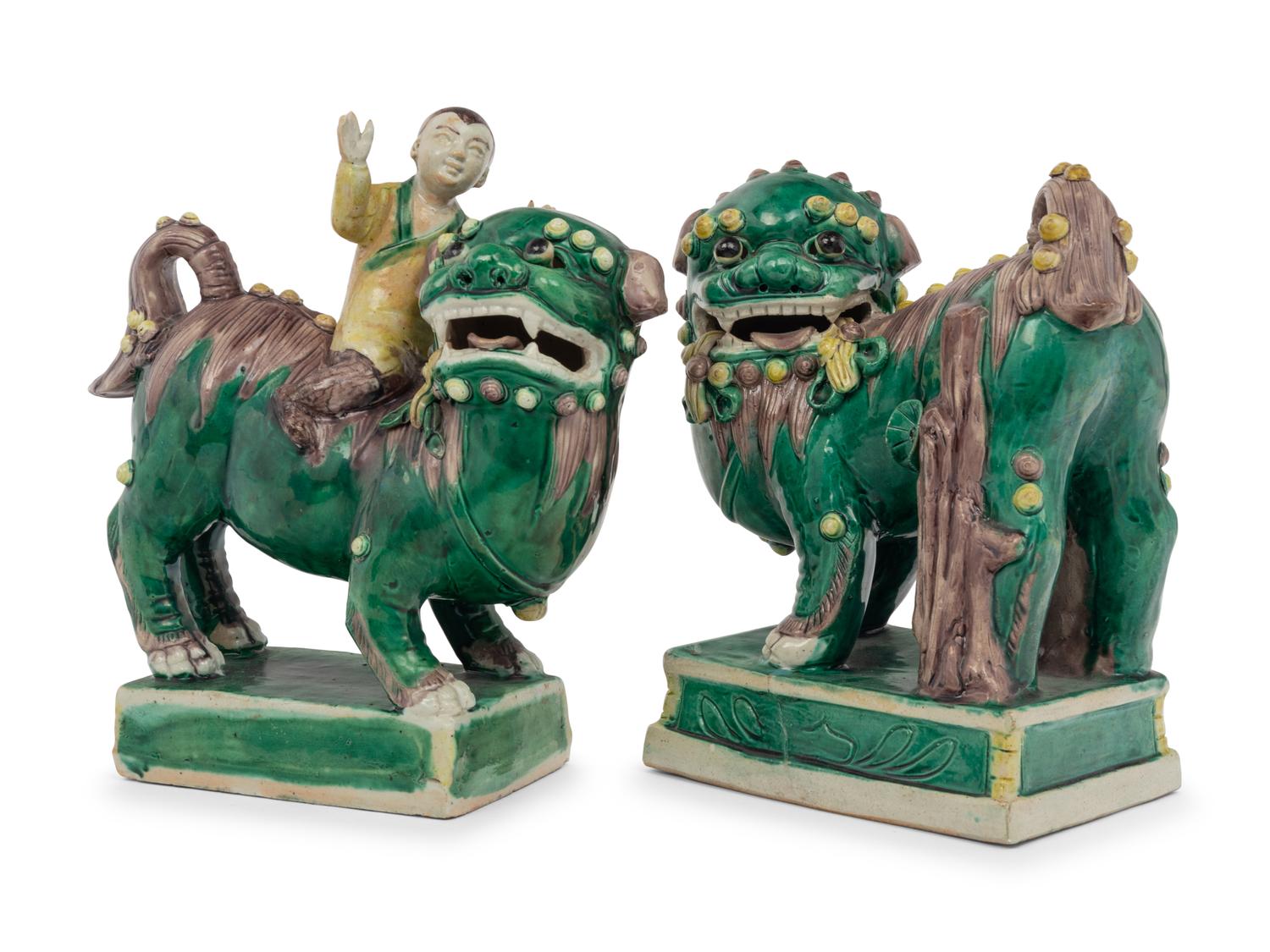 Six Chinese Famille Verte Porcelain Figures of Fu Lions