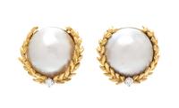 A Pair of 18 Karat Yellow Gold, Mabe Pearl, and Diamond Garland Motif Earclips, David Webb, 22.50 dwts.