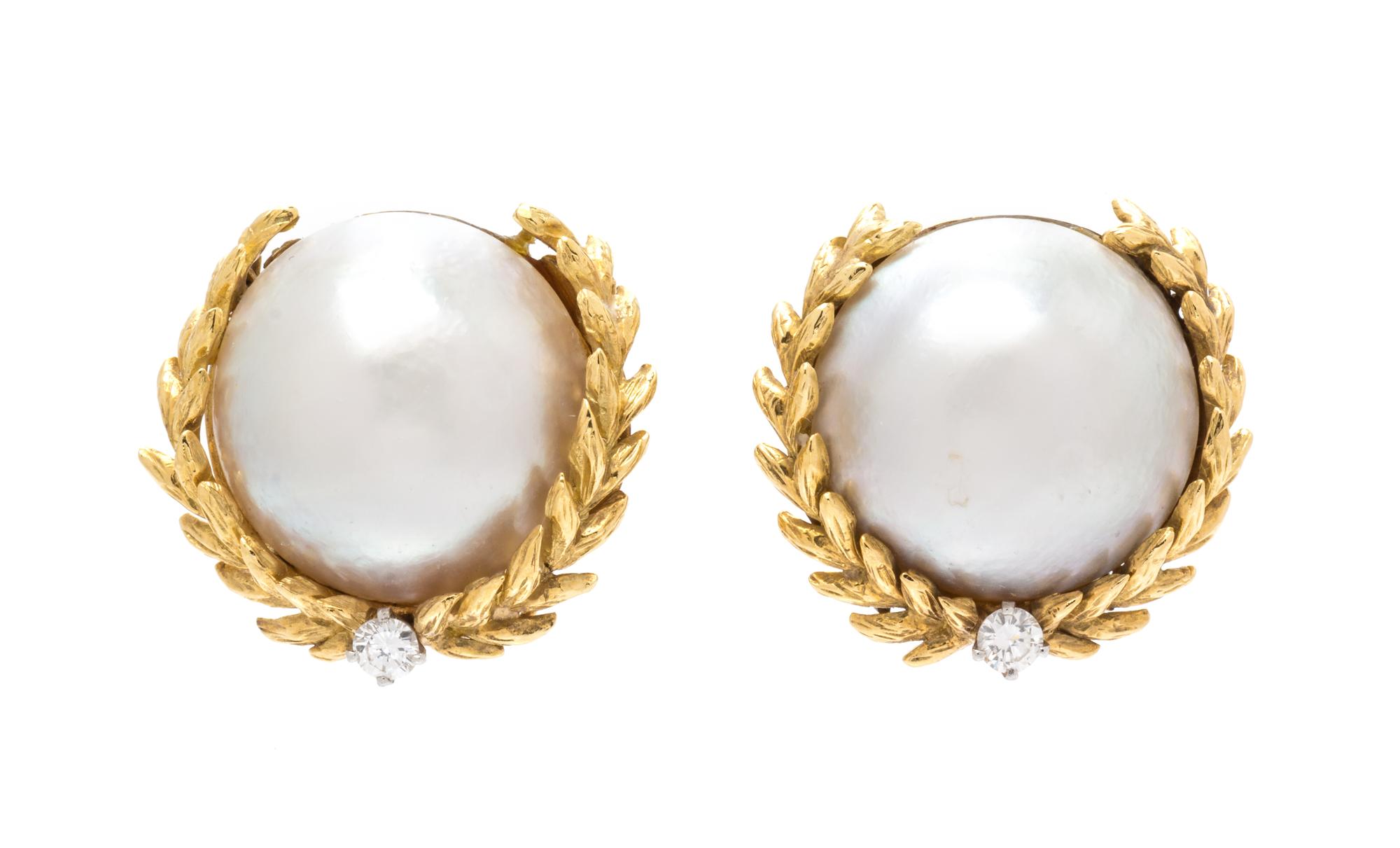 A Pair of 18 Karat Yellow Gold, Mabe Pearl, and Diamond Garland Motif Earclips, David Webb, 22.50 dwts.