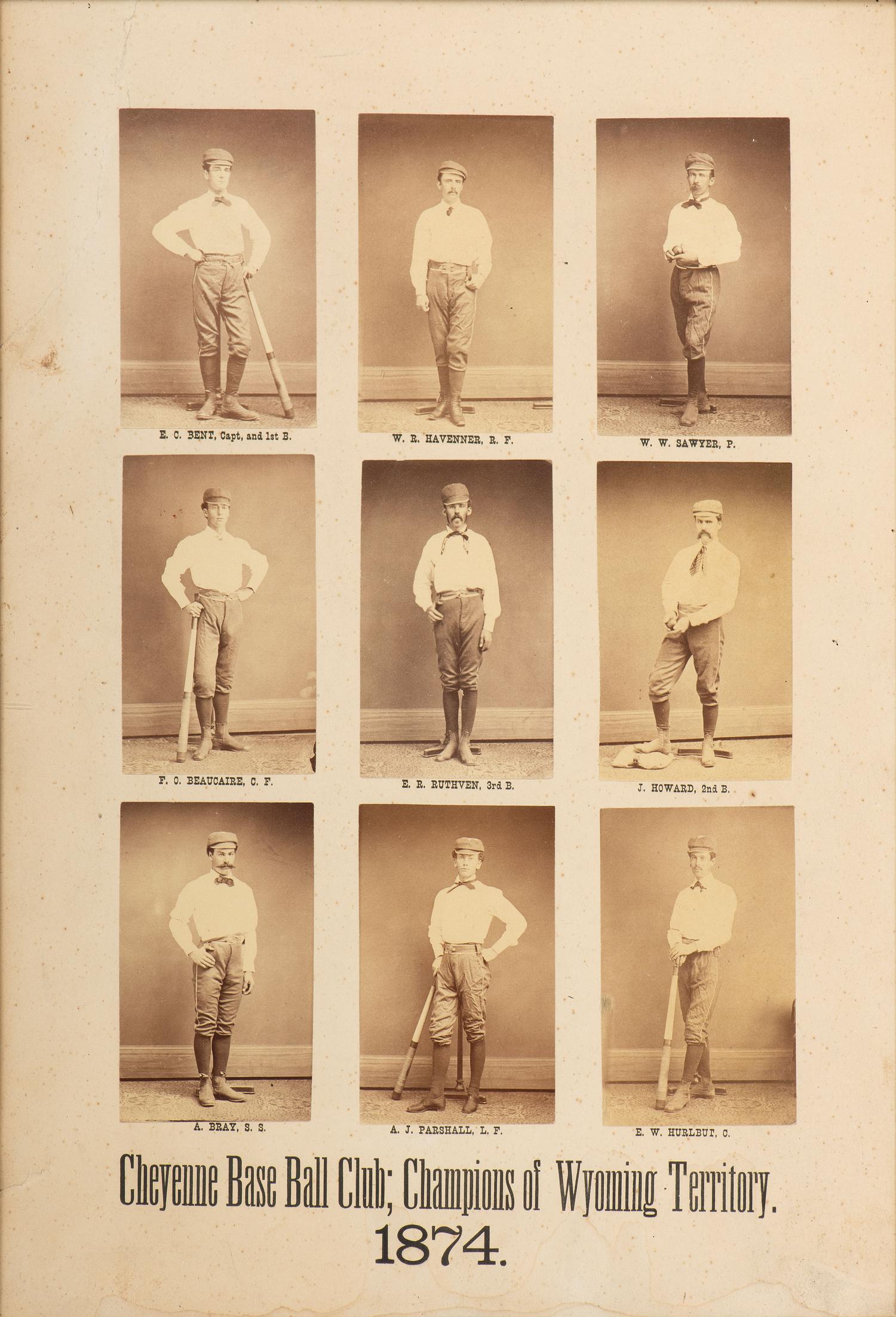 [SPORTS - EARLY PHOTOGRAPHY]. Albumen photograph display of the Cheyenne Base Ball Club; Champions of Wyoming Territory. 1874.