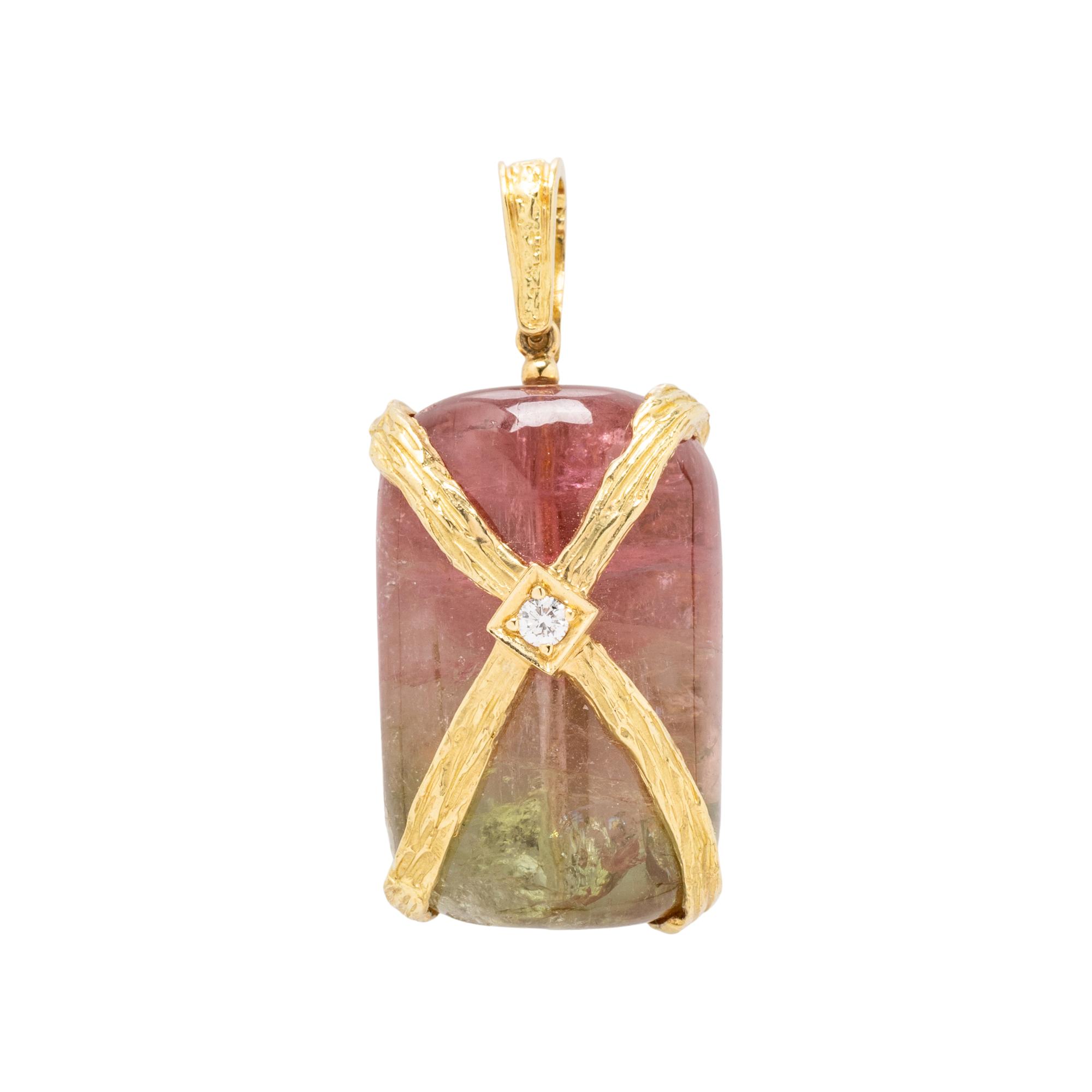 YELLOW GOLD AND WATERMELON TOURMALINE PENDANT NECKLACE