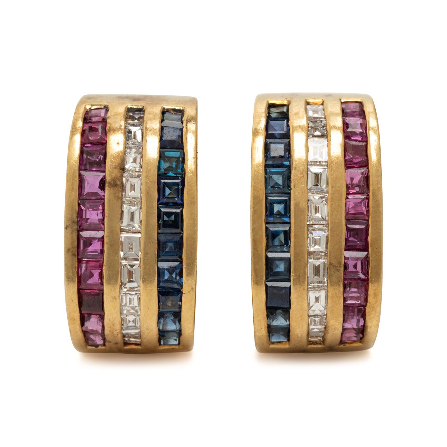 Diamond, Ruby, Sapphire, and Yellow Gold Earrings