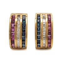 Diamond, Ruby, Sapphire, and Yellow Gold Earrings