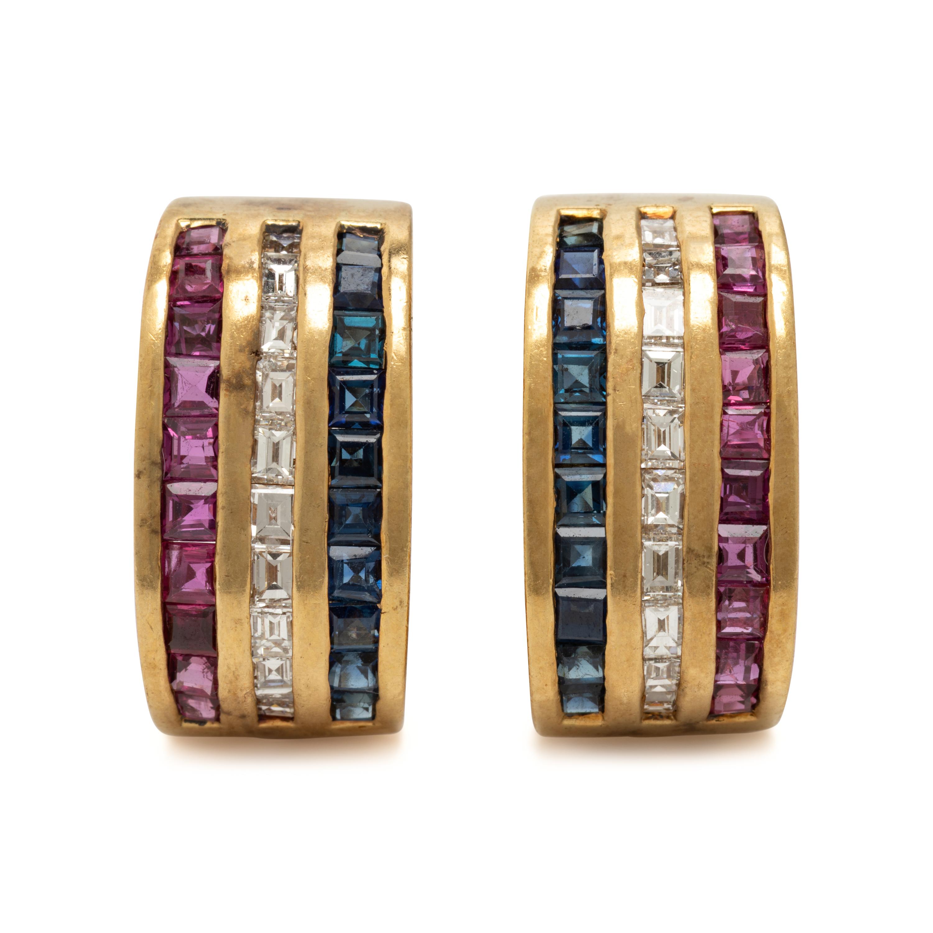 Diamond, Ruby, Sapphire, and Yellow Gold Earrings