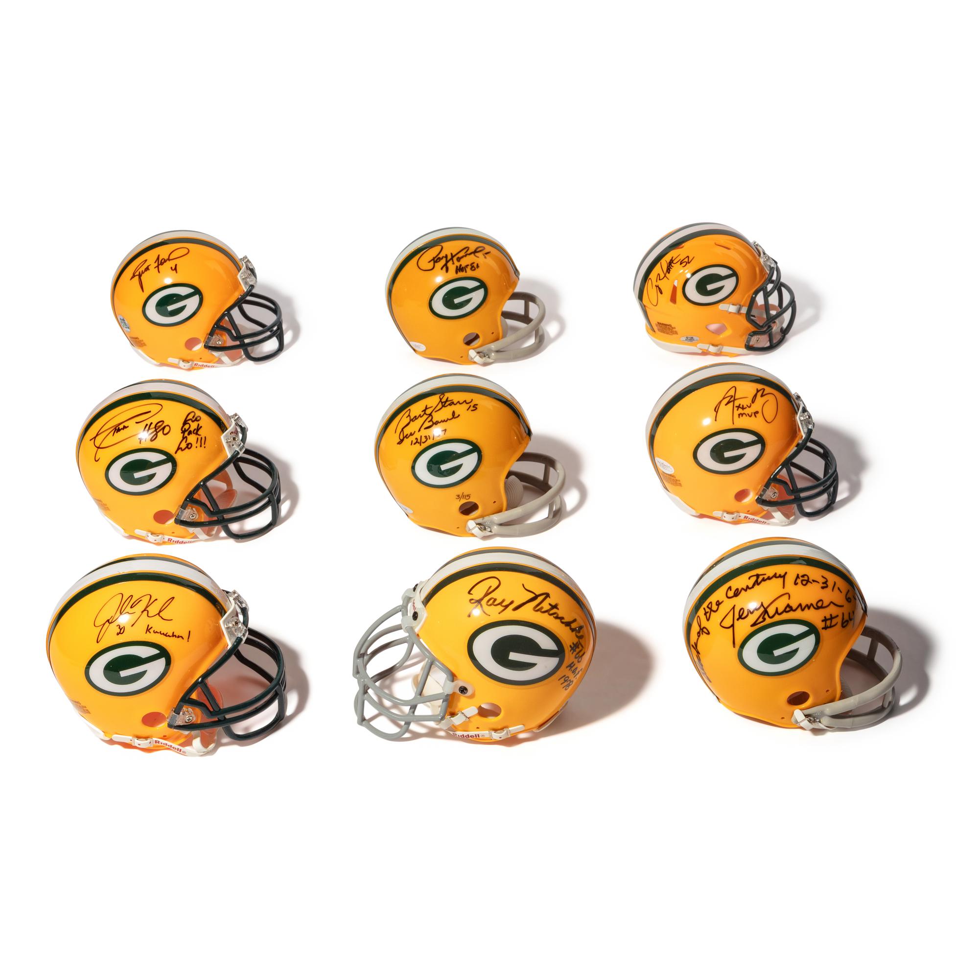 A Group of Green Bay Packers Hall of Fame and Notable Signed Autograph Mini Helmets
