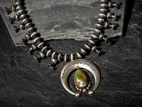 Large Sterling Silver and Royston Turquoise Squash Blossom Necklace