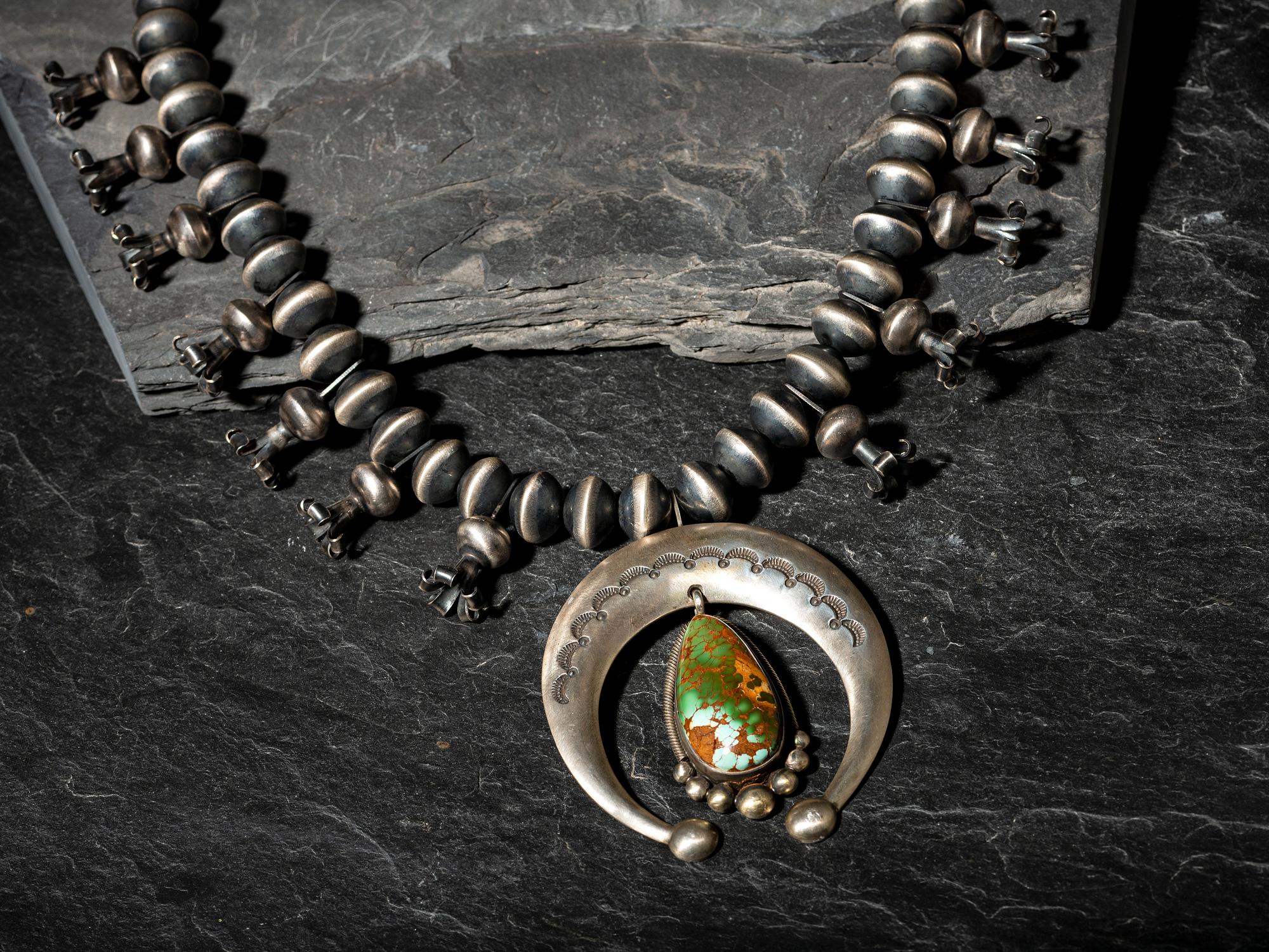 Large Sterling Silver and Royston Turquoise Squash Blossom Necklace