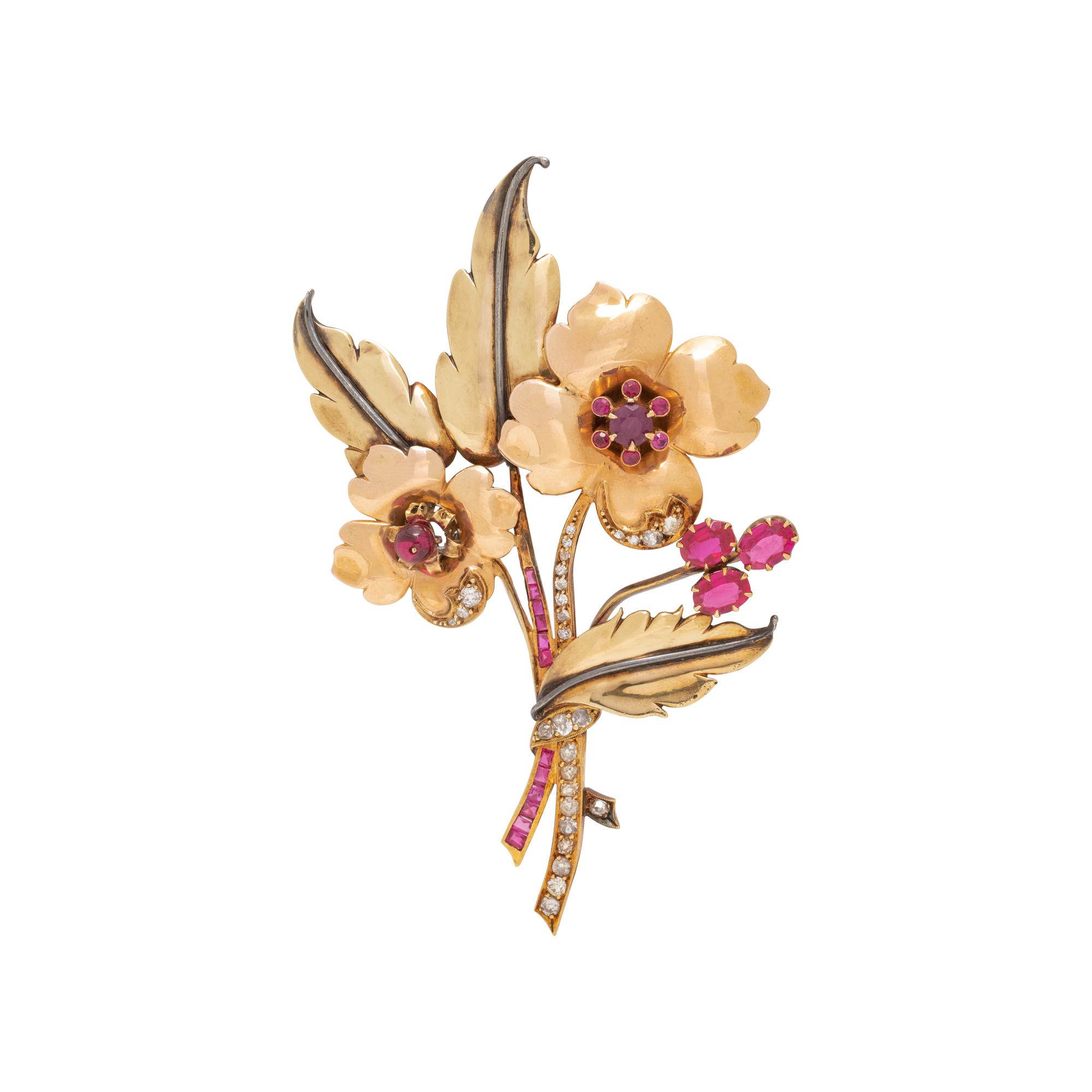 YELLOW GOLD, SYNTHETIC RUBY AND DIAMOND FLOWER BROOCH