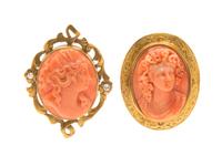 A Collection of Yellow Gold and Carved Coral Cameos, 6.70 dwts.