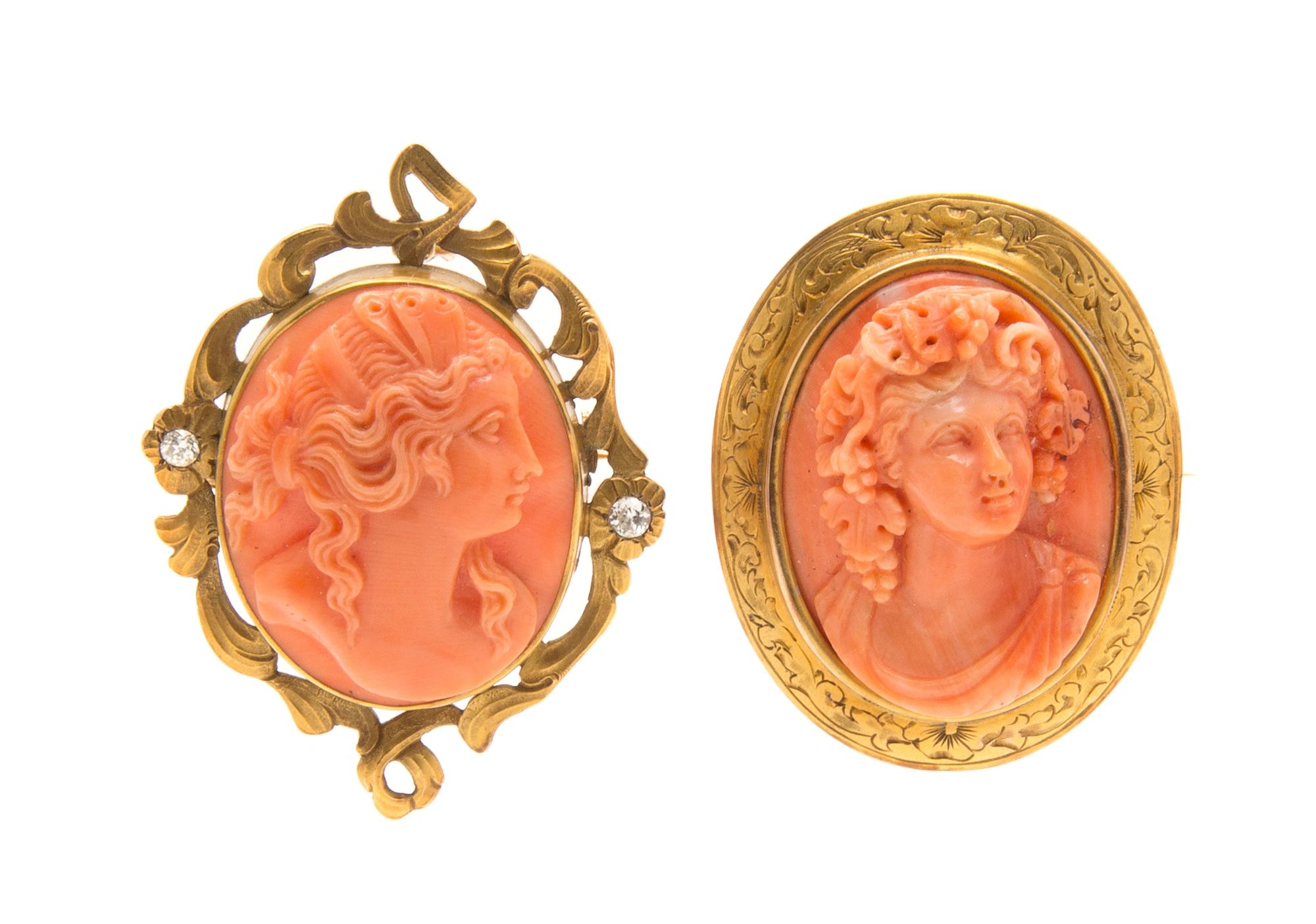 A Collection of Yellow Gold and Carved Coral Cameos, 6.70 dwts.