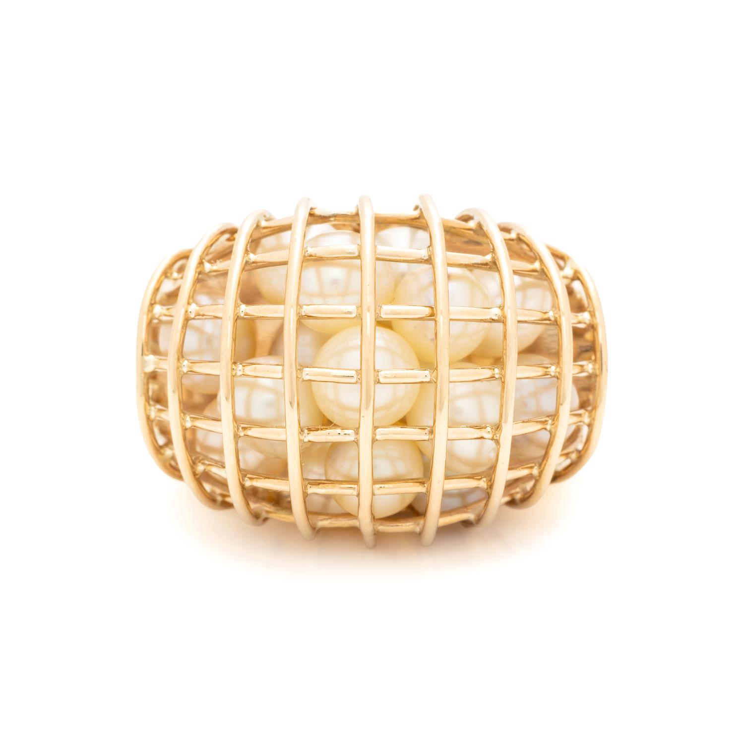 LEVITAN, YELLOW GOLD AND CULTURED PEARL CAGE RING