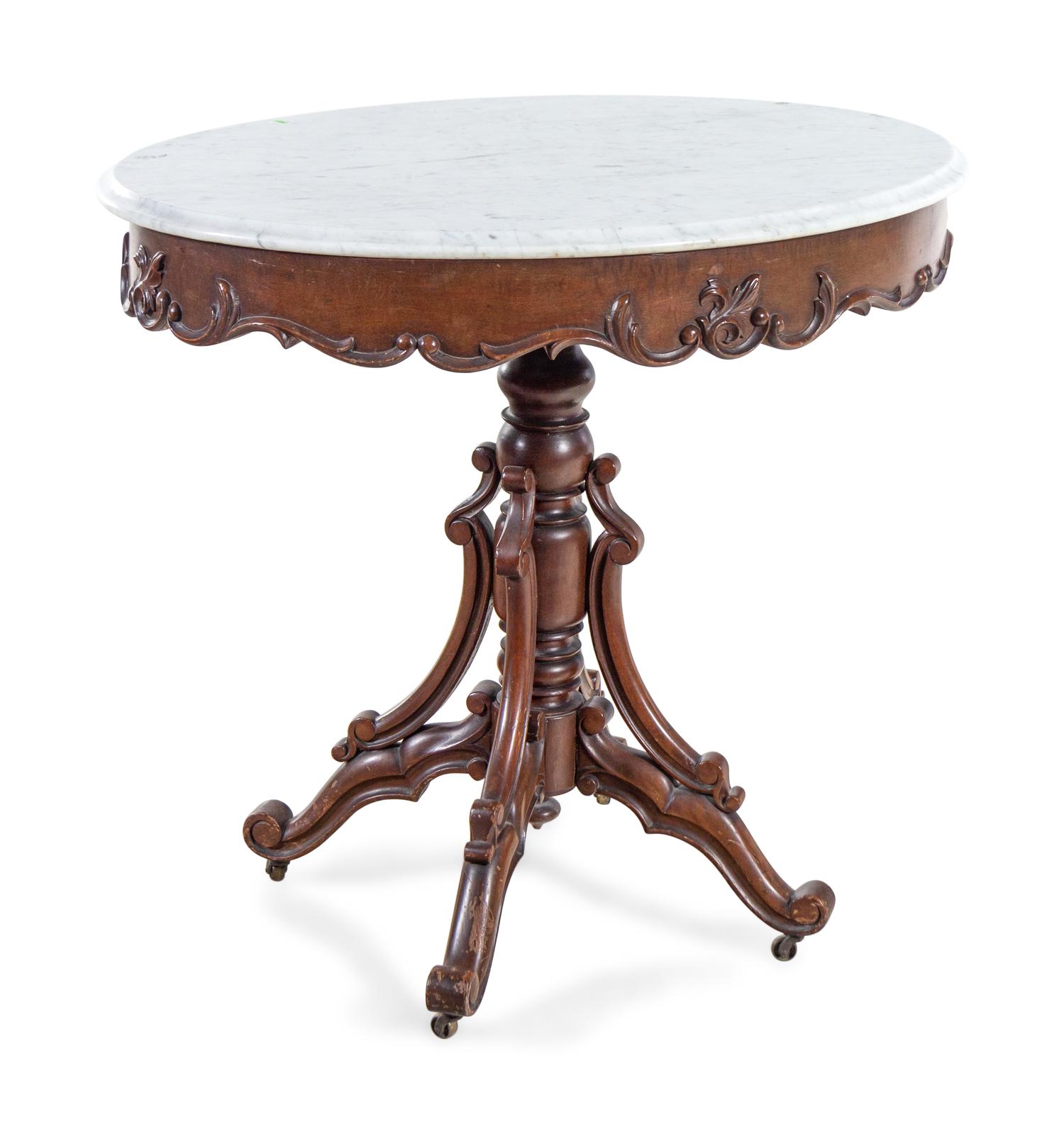 An Italian Walnut Marble-Top Side Table and a Victorian Walnut Marble-Top Side Table