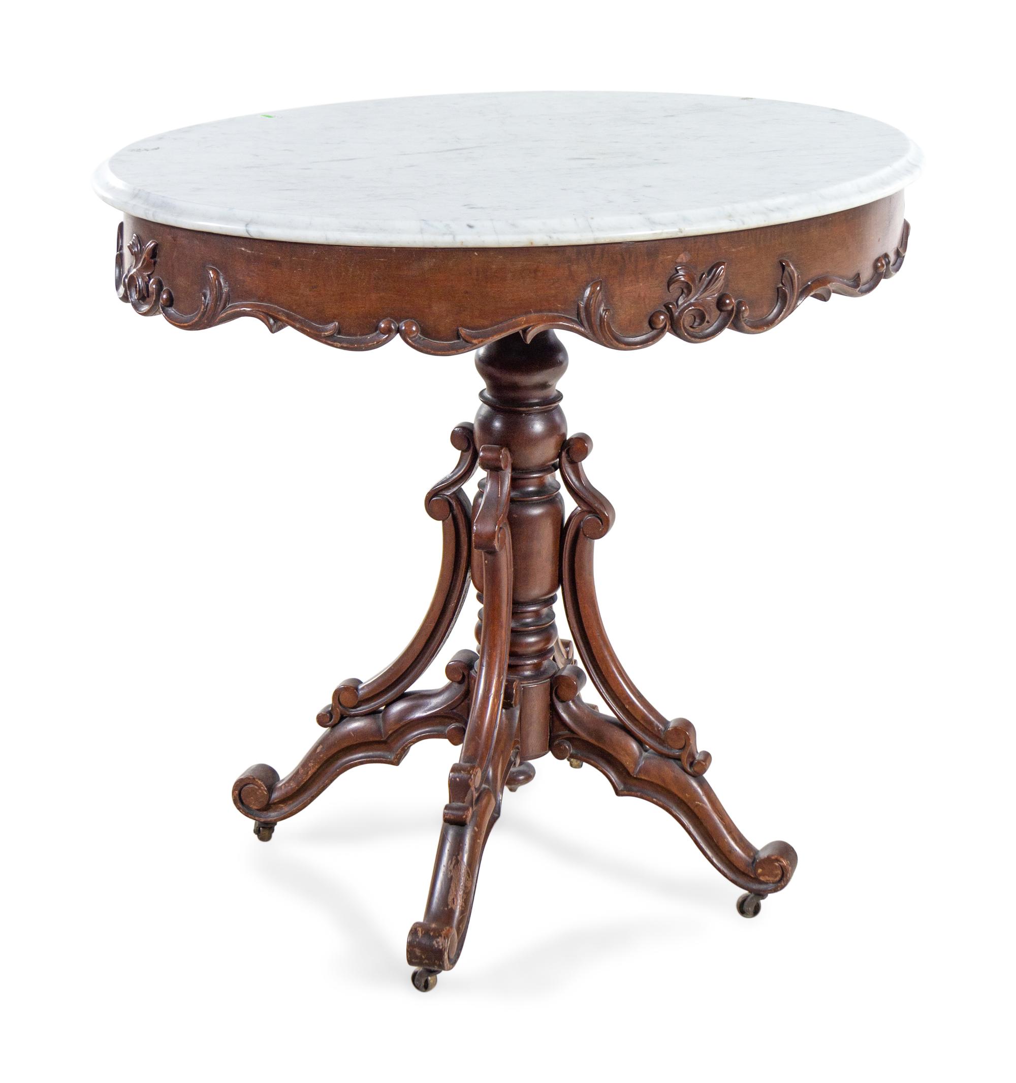 An Italian Walnut Marble-Top Side Table and a Victorian Walnut Marble-Top Side Table